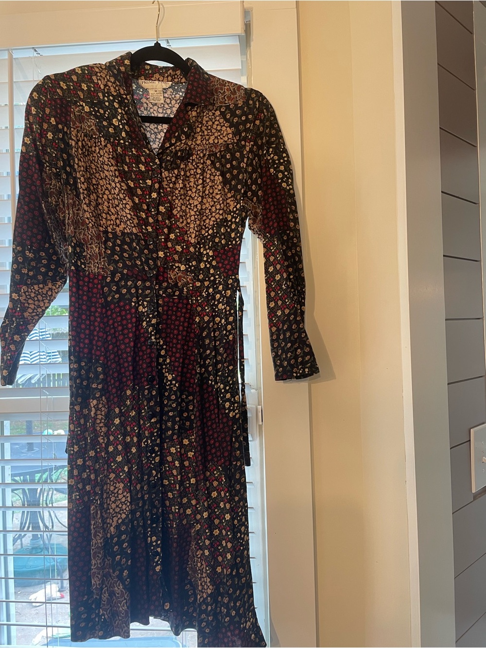 Vintage-Inspired Navy and Burgundy Patchwork Shirt Dress